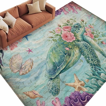 Area Rug 60&times;96in Retro Summer Sea Turtles Flowers Floor Carpet Living Room Rug Oceans Corals Shells Non-Slip Welcome Mat Indoor Rugs for Bedroom Dining Room