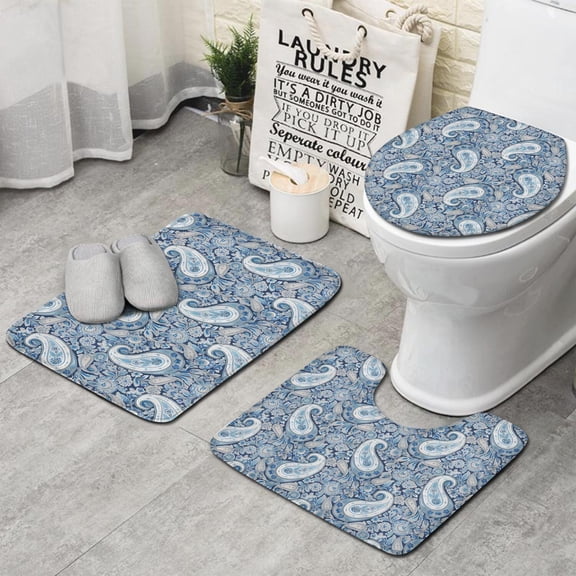 Blue Pioneer Flower and Paisley Pattern (3) Bathroom Rugs Sets 3 Piece,Toilet Cover Set,Absorbent Non Slip Bathroom Mats Sets with U-Shaped Contour Rug Toilet Rug Set