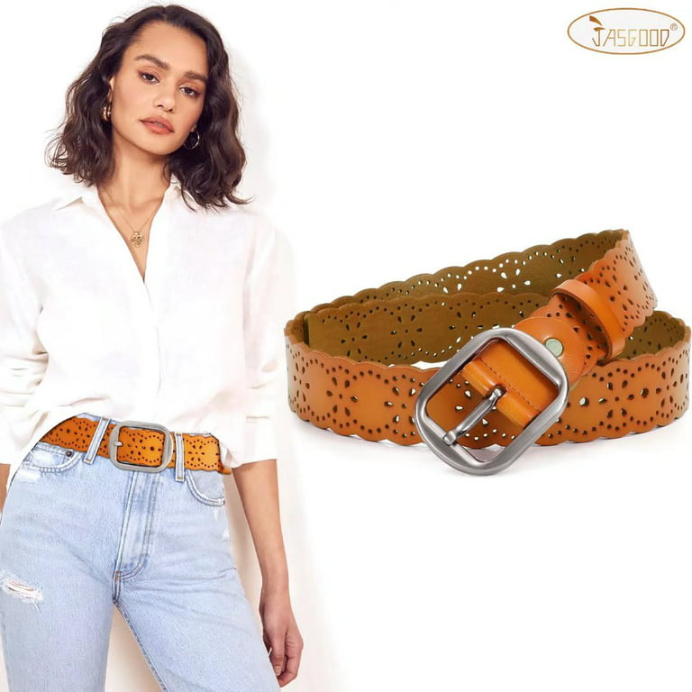 JASGOOD Women Leather Belts Hollow Flower Brown Belt for Ladies Jeans