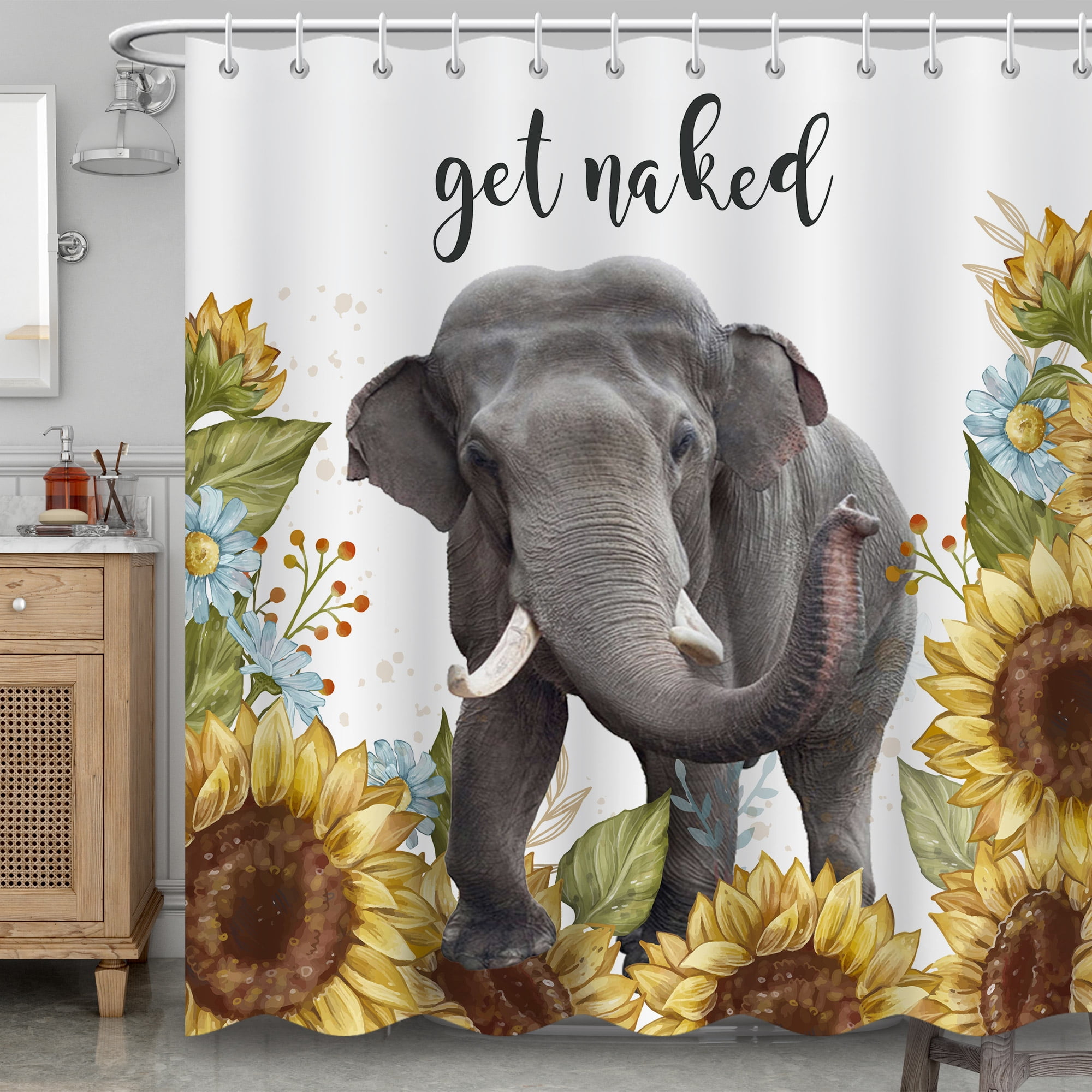 BLINGPAINTING Elephant Shower Curtain Elephants Walking in Sunflower