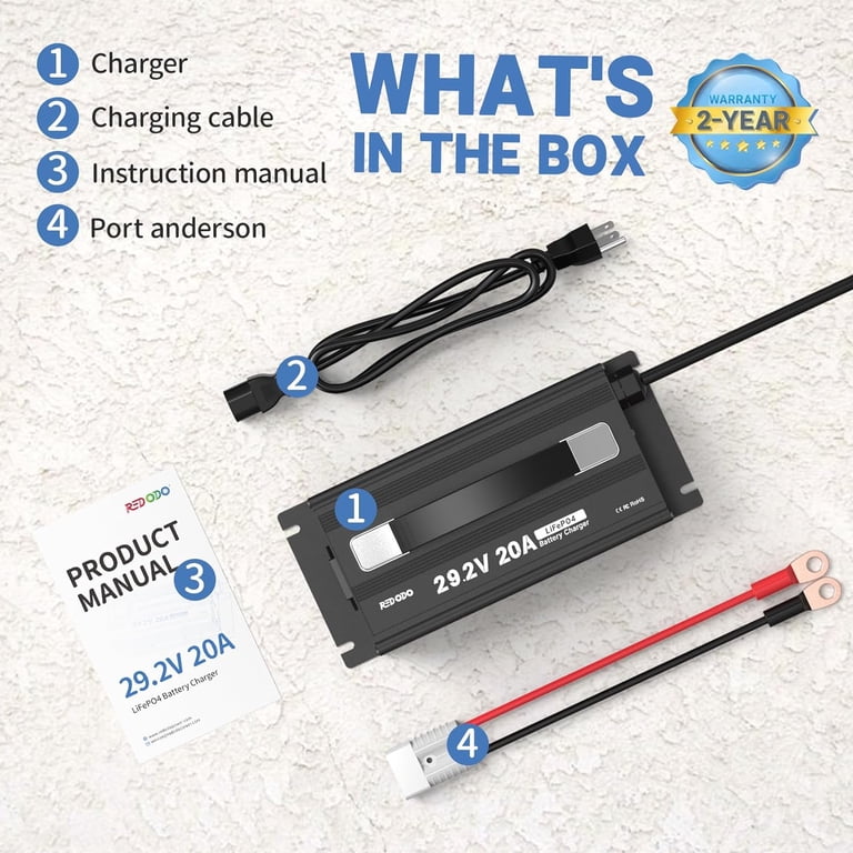 KAISAL 24V 20A LiFePO4 Battery Charger - 29.2V Smart Charger For 25.6V Lithium Batteries, RV, Solar, Marine