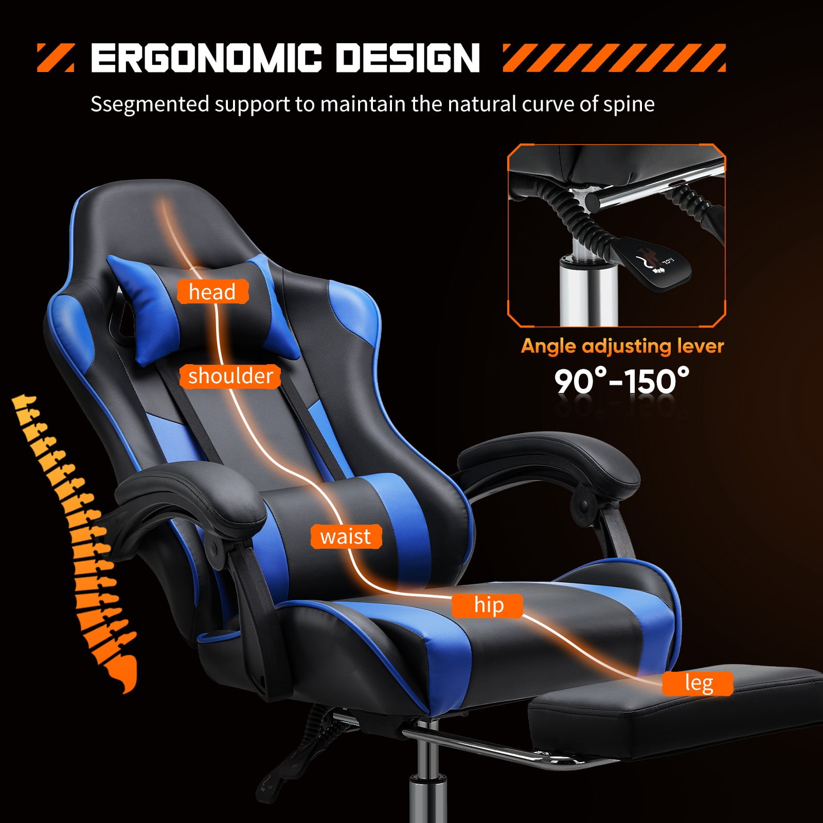 Easy4Home Gaming Chair with Sofa Spring Cushion, Ergonomic Office Chair with Lumbar Support and Footrest, High Back Computer Game Chair for Adults, Black&Blue