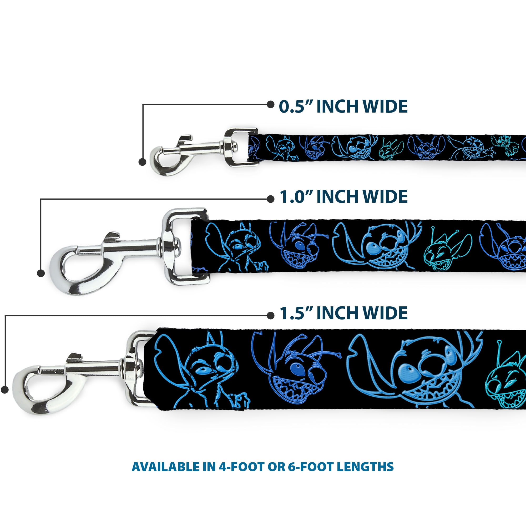 Disney Pet Leash, Dog Leash, Electric Stitch Poses Black Neon Blue, 6 Feet Long 1.0 Inch Wide