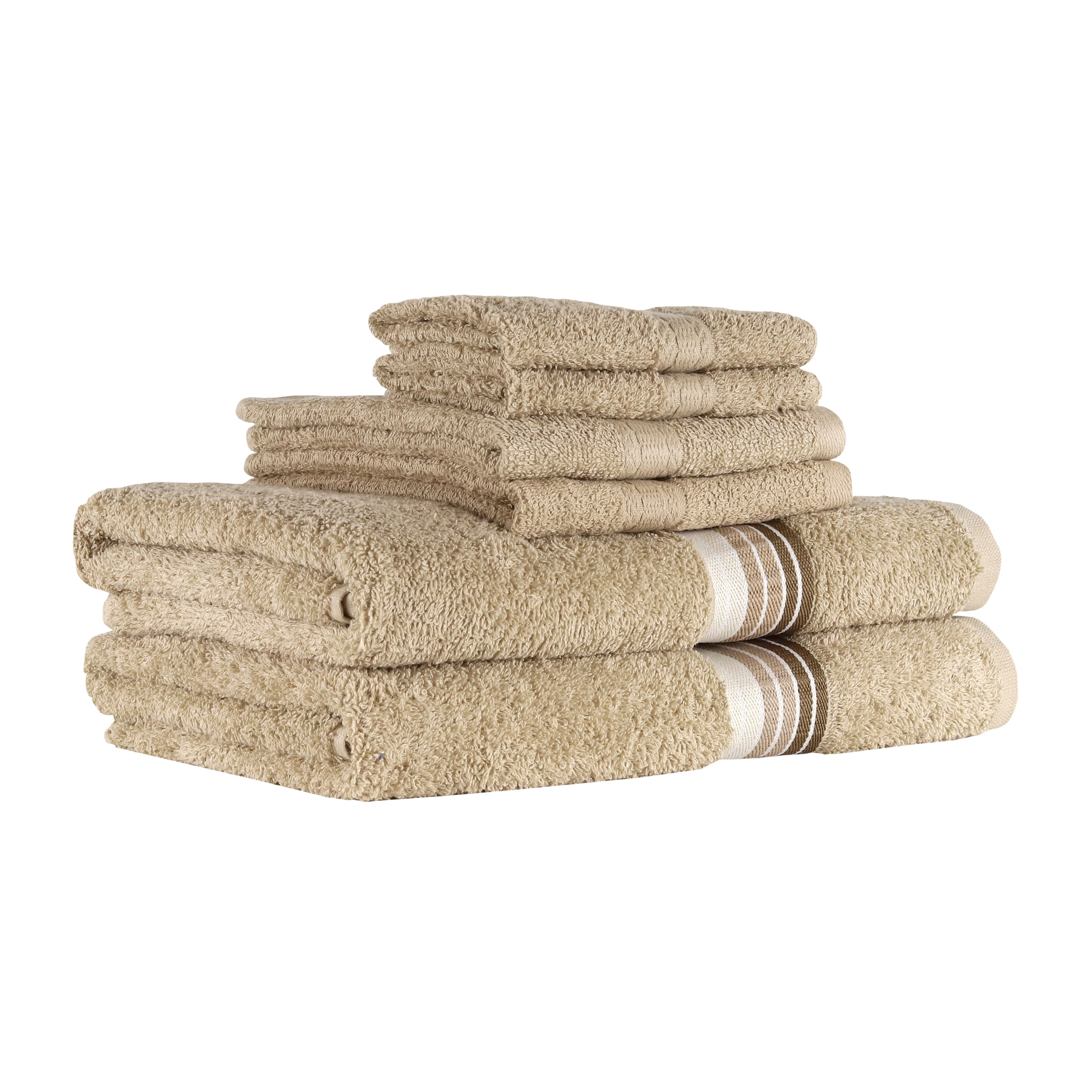 Mainstays 6 Piece 100% Cotton Towel Set, 2 Striped Bath , 2 Hand and 2 Washcloths,Super Soft and Highly Absorbent basic Premium Towel Set, for Bathroom, Hotels, Spa and Gym – Tan