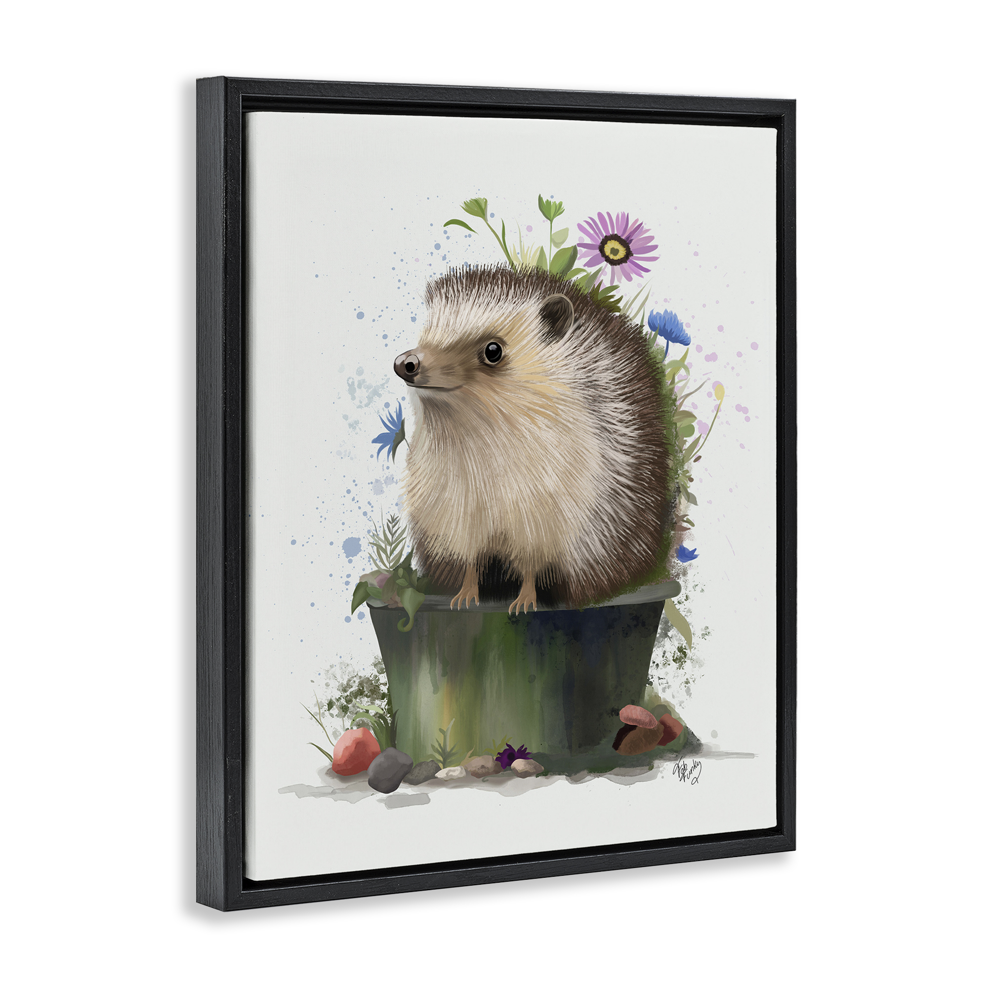 Stupell Industries Hedgehog in Gardening Pot Animals & Insects Painting Black Floater Framed Canvas Art Print Wall Art, 25 x 31