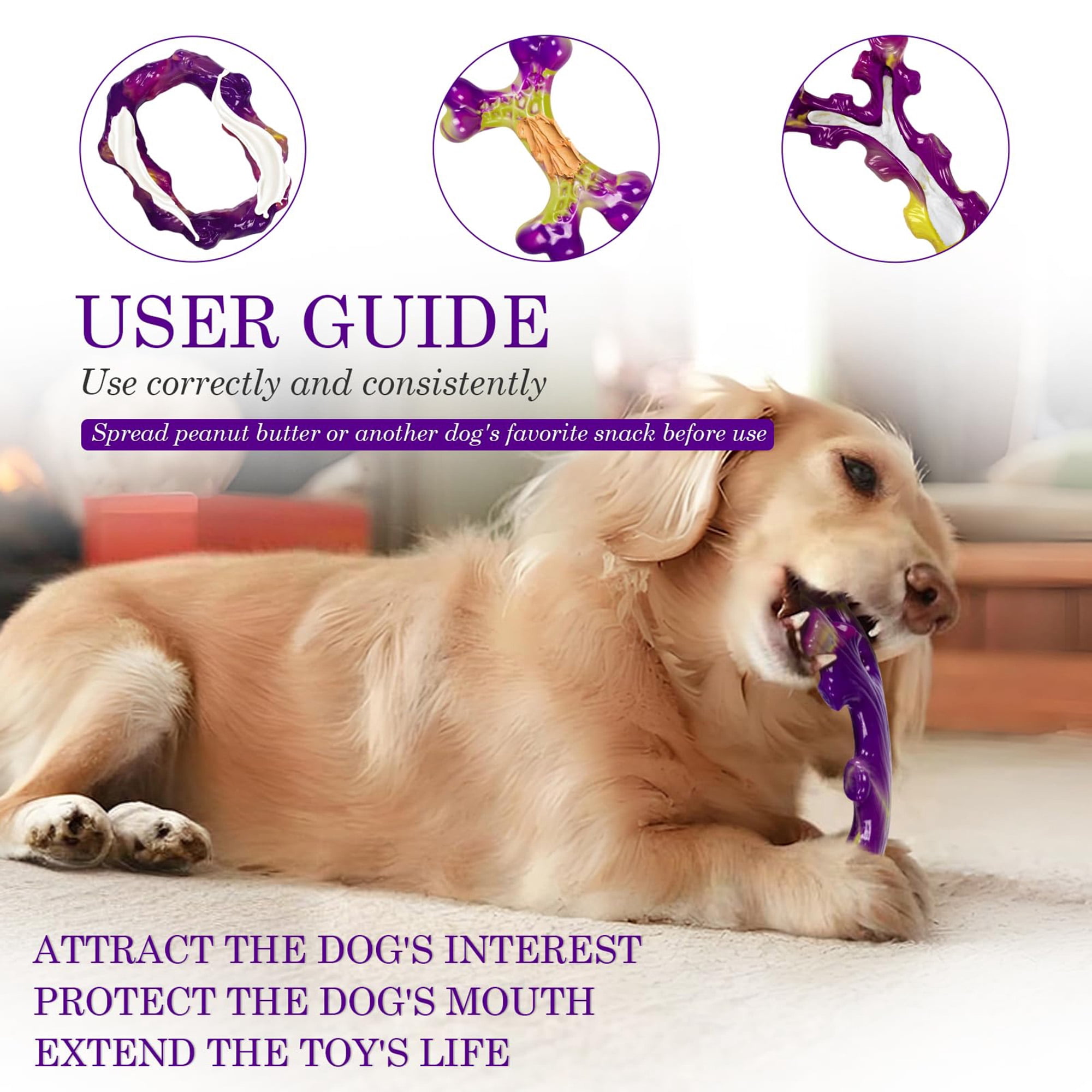 Indestructible dog toys for aggressive chewers, tough chew toys for large dogs 15-100lbs, durable nylon dog bones 3 pack, keeps dogs busy, purple