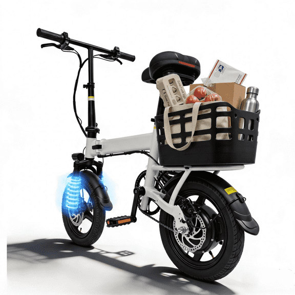 14" Folding Electric Bike for Adults Commuter w/ Rear Basket, 500W Motor 36V Battery, 20MPH 35Mi Range, UL2849 Disc Brakes Mini Ebike