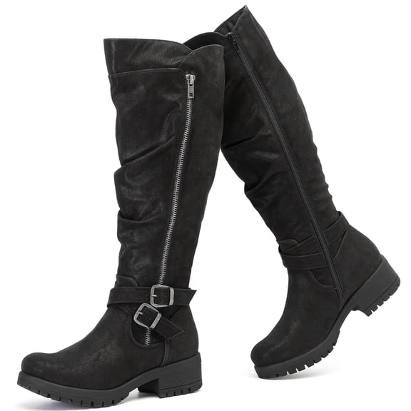 LOVE STEETLY Women's Knee High Slouchy Chunky Heel Boots, Side Zipper Round Toe Faux Leather Casual Comfort Versatile Boot