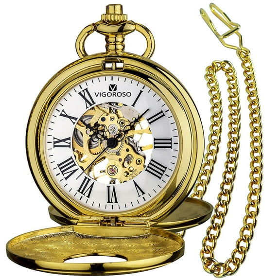 VIGOROSO Mens Mechanical Pocket Watch Gold Steel Double Hunter Classic Fob Chain Watch