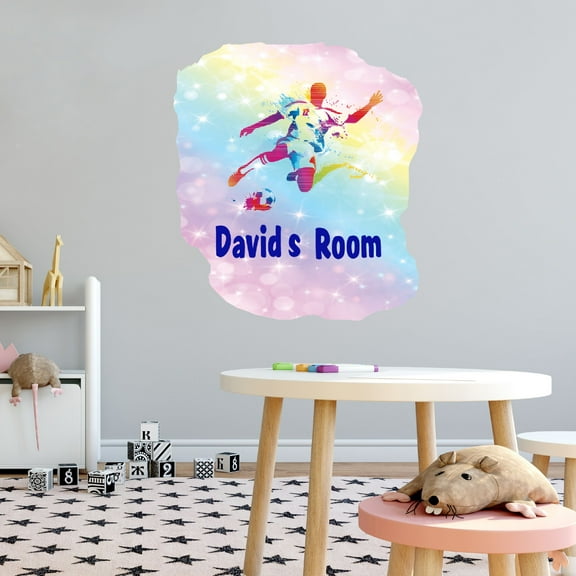 Sports Watercolor Custom Name Wall Decals for Kids Room - Colorful Art How To Play Soccer Design Football Personalized Bedroom Wall Sticker Water Color Style - Size: 9 In x 10 In