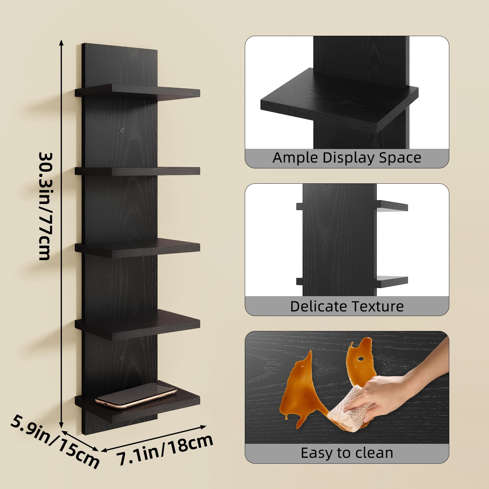 Fairy 5-Tier Wall Shelf Unit, Black Floating Wall Shelves, Vertical Wood Shelf Organizer for Bedroom, Living Room & Home Decor