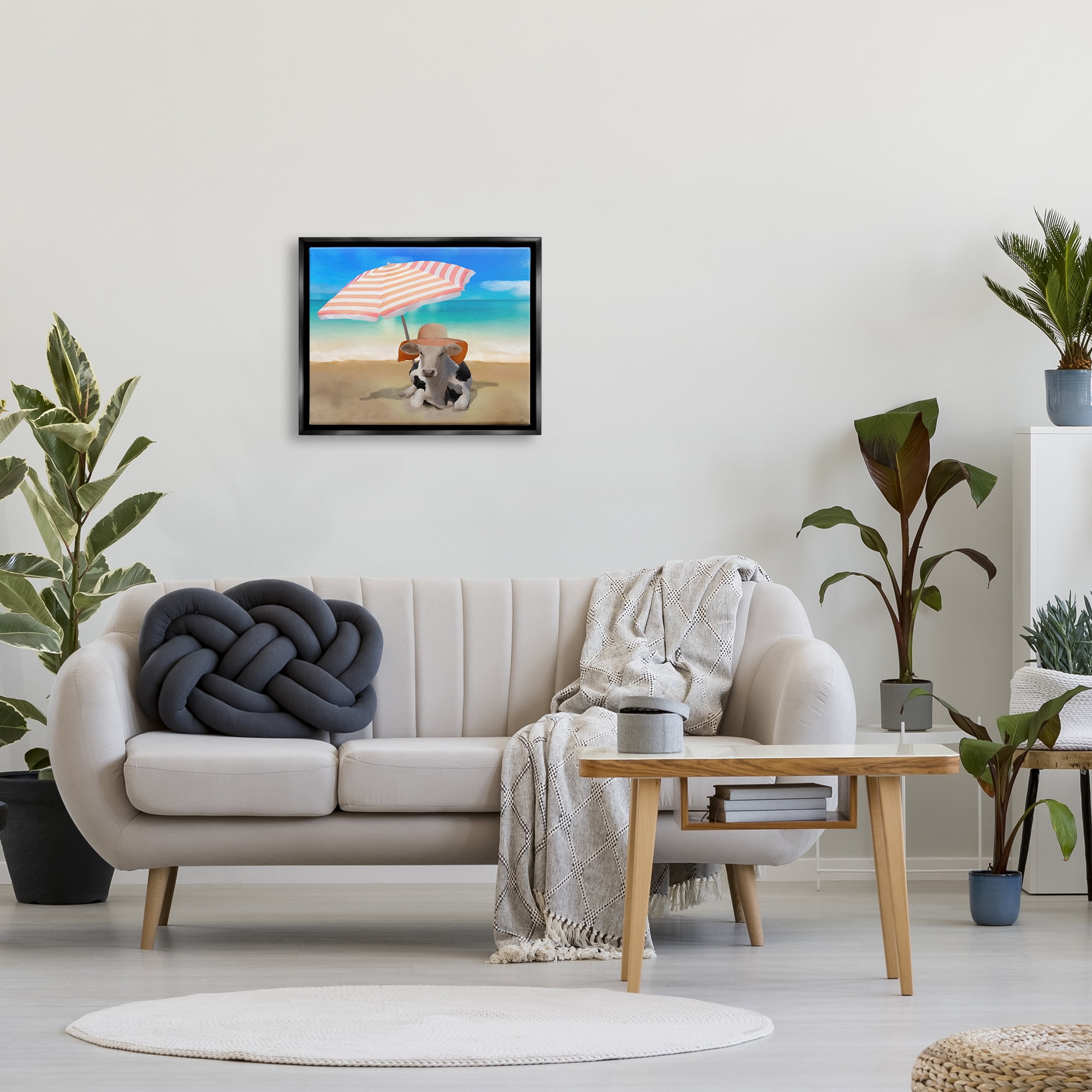 Stupell Lounging Cow Summer Beach Shore Animals & Insects Painting Black Floater Framed Art Print Wall Art