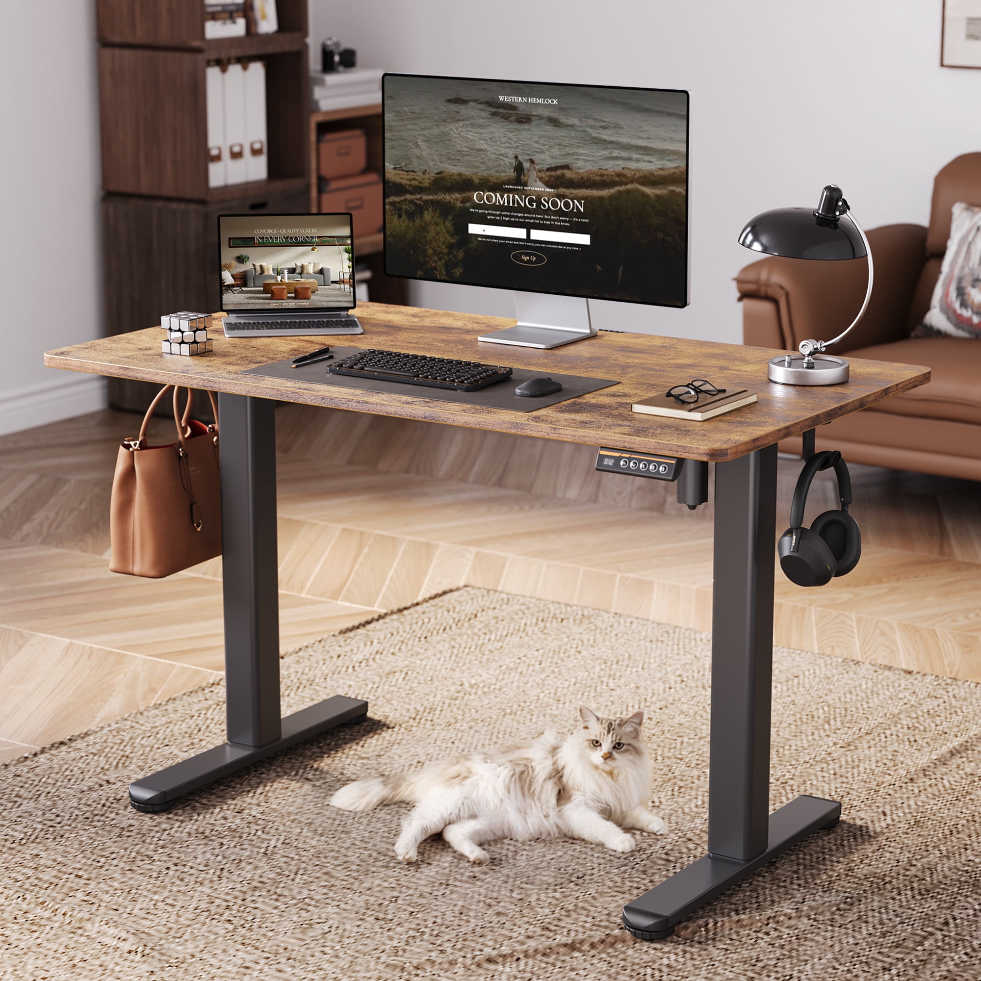 INNOVAR Electric Standing Desk, Adjustable Height Stand up Desk, 40x24 inches Sit to Stand Home Office Desk with Splice Board, Black Frame/Rustic Brown Top