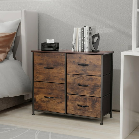 5 Drawers Dresser Entryway Chest Storage Cabinet, End Table TV Stand with Wood Top - SortWise