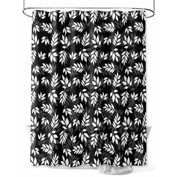 Boanket Polyester Fabric White Leaves Shower Curtain, Black Vintage Spring Botanical Leaf Plants Waterproof Bathtub Curtain Bathroom Decor Set with Hooks 72 x 84 Inches,