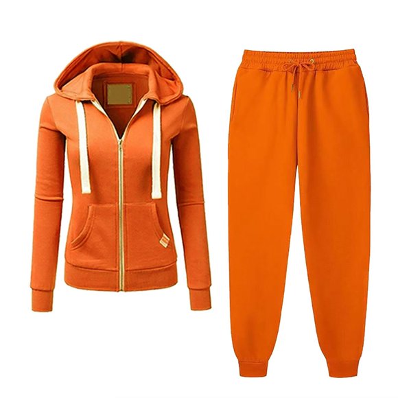 Moxiu Ensemble de Survêtement 2 Pcs à Fermeture Éclair Complète pour Femmes - Veste à Capuchon et Joggers à Cordon, Ensemble de Détente Orange, m