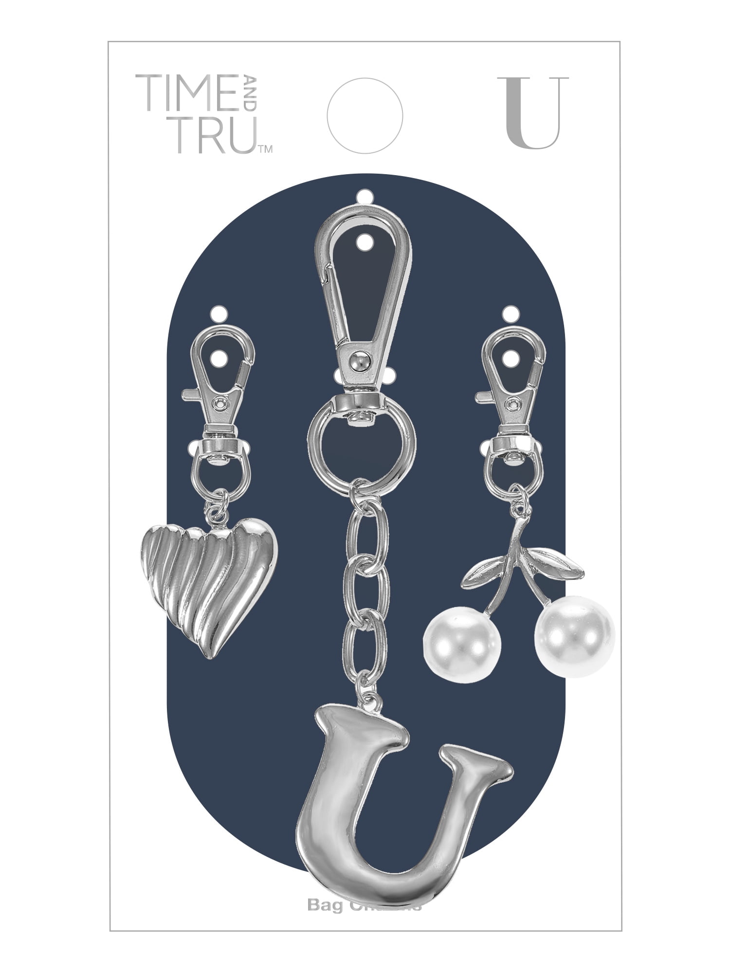 Time and Tru Silvertone Initial Letter Bag Charm Set, 3 Pieces, Letter U