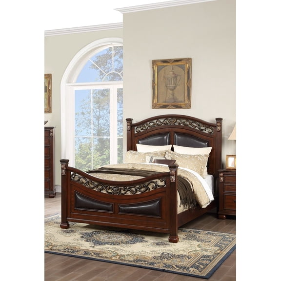 Traditional 1pc Bed Classic Brown Finish Queen Size Bed Posts Antique Carved Design Bedroom Furniture Wooden