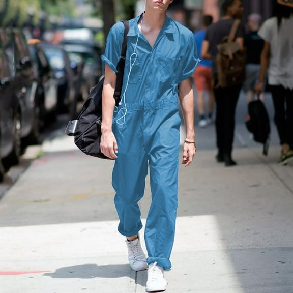 Jumpsuits For Men Fashion Men Spring And Summer Lightweight Comfortable Lapel Color Pant Casual Plus Size Short Sleeve Multi Pocket Jumpsuit