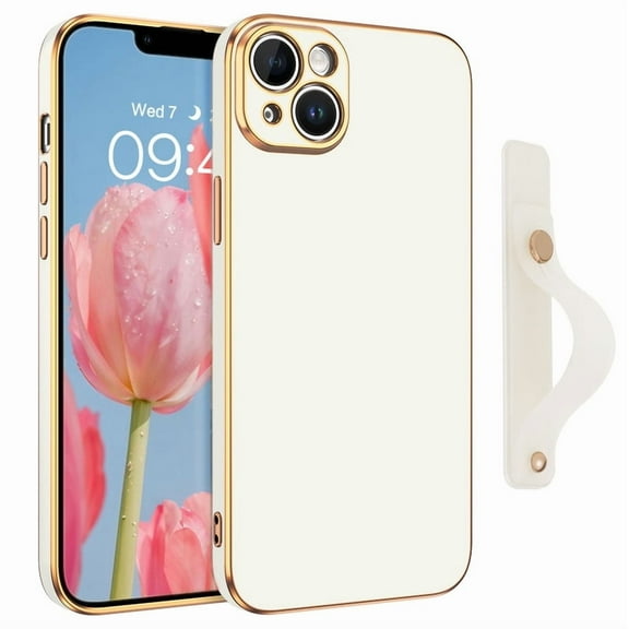 TELASO For iPhone 14 Case 6.1 inch, Slim Fit Soft Tpu with Adjustable Wristband Kickstand Plating Scratch Resistant Shockproof Protective Cover for iPhone 14, White/Golden