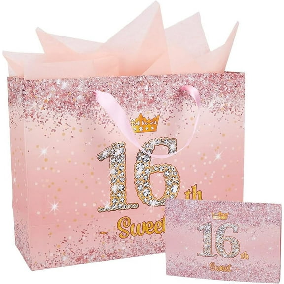 13 x 10 x 5 Inch 16th Birthday Party Gift Bags Present Bags with Tissue Handles Pink Greeting Card Rectangle Large Heavy Duty Wrapping Paper Set for DIY handcrafting