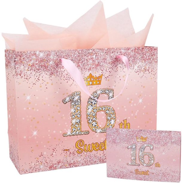 Bolsas de regalo para fiesta de cumpleaños número 16, de 13 x 10 x 5 pulgadas, con asas de papel de seda, rectangulares, de color rosa, grandes y resistentes.