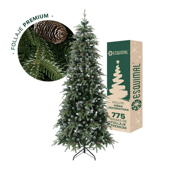 Árbol Navidad Tipo Lápiz 1.8m Esquimal - Pino Navideño Delgado Verde Nevado con Piñas