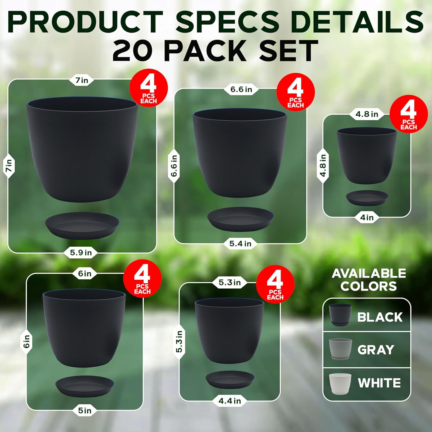Campior Plastic Plant Pots with Drainage, Stackable Design for Indoor/Outdoor Use, Pack of 10, Black