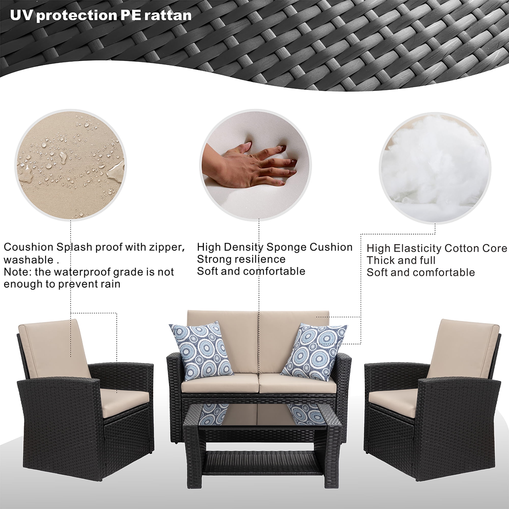 Walsunny 4 Pieces Outdoor Sectional Conversation Wicker Patio Furniture Set with Cushion Table for Backyard,Porch,Garden,Poolside Balcony,Gray