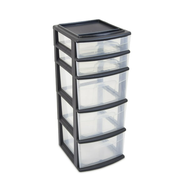 HOMZ 05565BKDC.02 Plastic 5 Drawer Medium Storage Tower, Black Frame, Clear Drawers, Set of 2