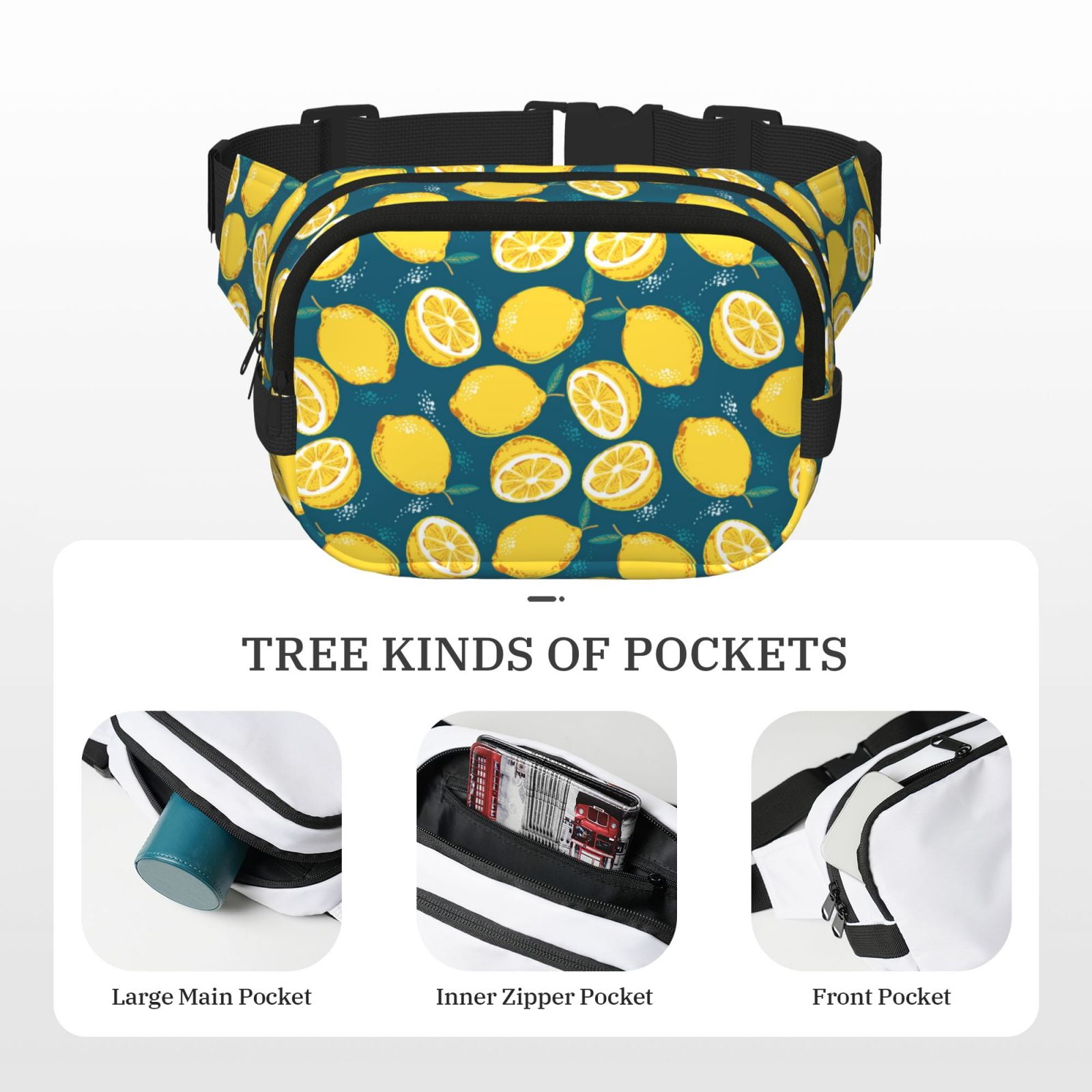 Fuzoiu Lemon Print Unisex Square Double Layer Waist Bag,Crossbody Fanny Pack Travel Workout Accessory