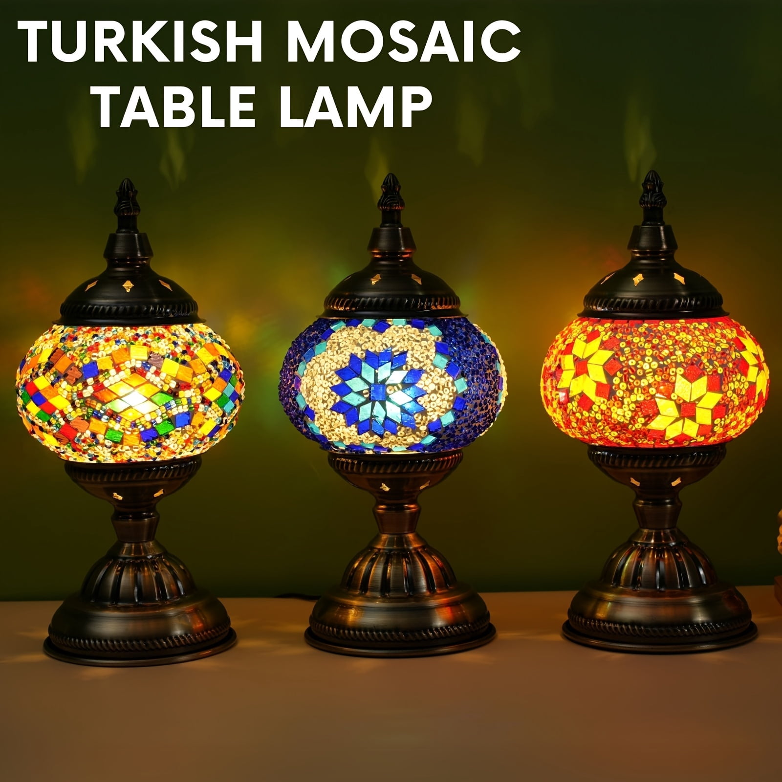 Handmade Turkish Moroccan Mosaic Table Lamp, 3-Color Adjustable