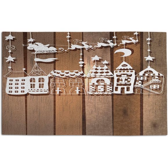 SHIQI-Christmas Doormat, Wood Rustic Design Holiday Season Santa Claus in Sleigh House Paper Art Print, Decorative Polyester Floor Mat with Non-Skid Backing, 30" X 18", White Brown