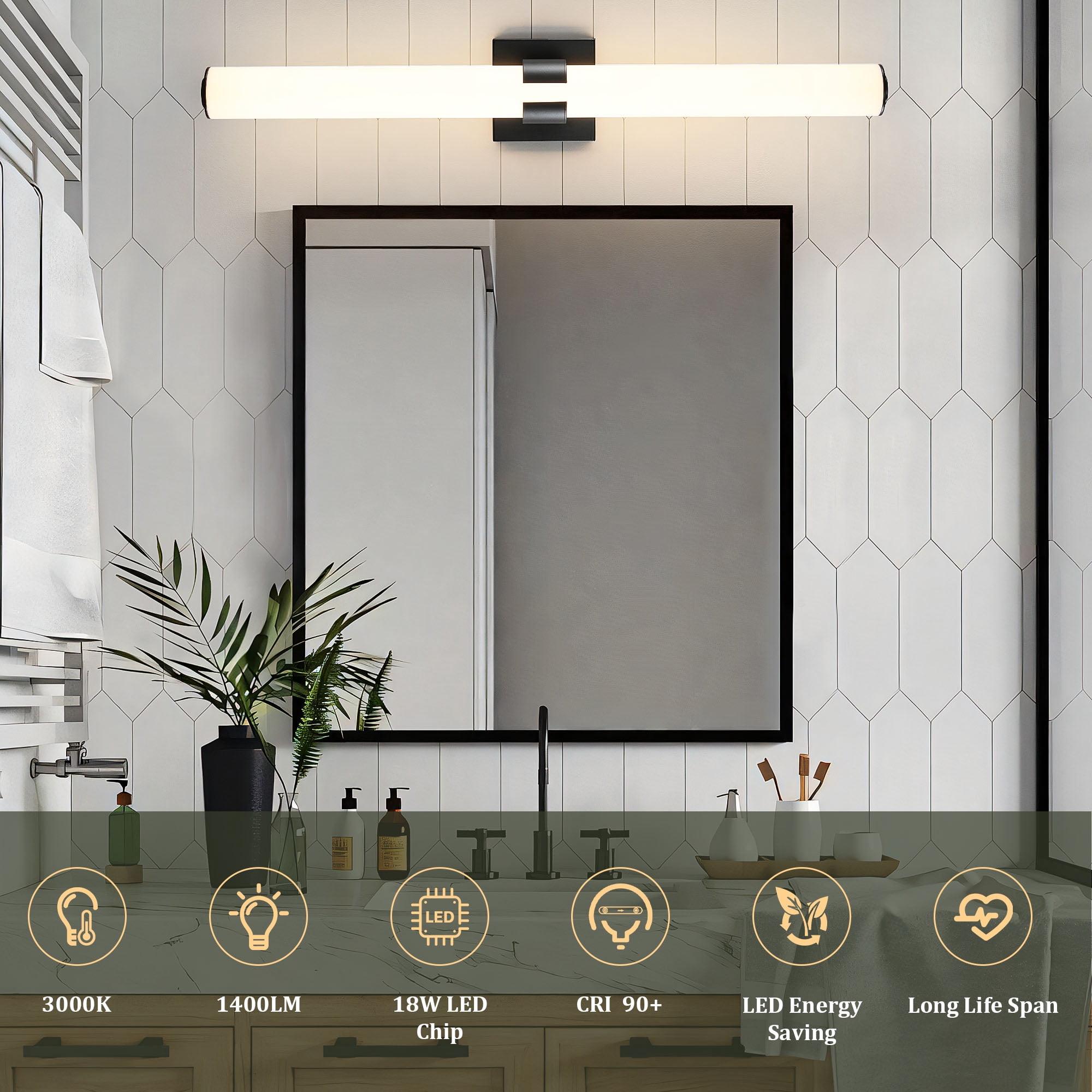 KAISITE Modern 1-Light Dimmable LED Bathroom Vanity Light, Waterproof Lamps for Bathroom, Acrylic Lampshade