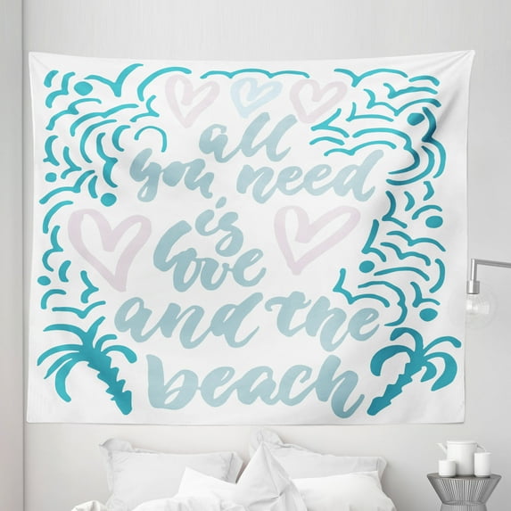 Saying Tapestry, All You Need is Love and the Beach Message with Wavy Lines Pattern, Fabric Wall Hanging Decor for Bedroom Living Room Dorm, 5 Sizes, Pale Pink Pale Blue, by Ambesonne