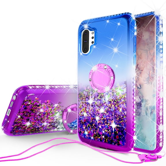 Compatible for Apple iPhone 11 Case with (Tempered Glass Screen Protector,Magnetic Ring Stand,Lanyard) Diamond QuickSand Phone Cover - Purple on Blue