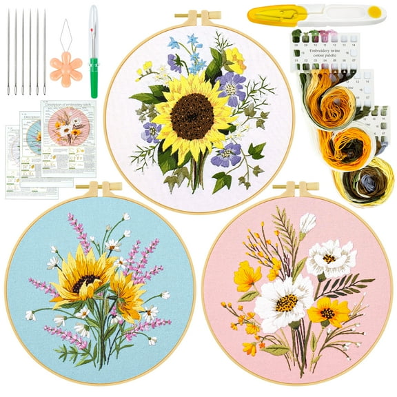 Ponpon 3 Sets Embroidery Kit for Beginners, Sewing Cross Stitch Kits Set with Follow Instruction Threads Needles and Wooden Embroidery Hoops, Plant Floral Pattern for Craft Lover Adult (Style A)