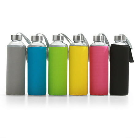 6 pk Glass Water Bottles w Insulated Neoprene Sleeves 18 oz Multi-Color