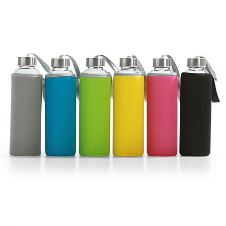 6 pk Glass Water Bottles w Insulated Neoprene Sleeves 18 oz Multi-Color (Best Reusable Glass Water Bottle)