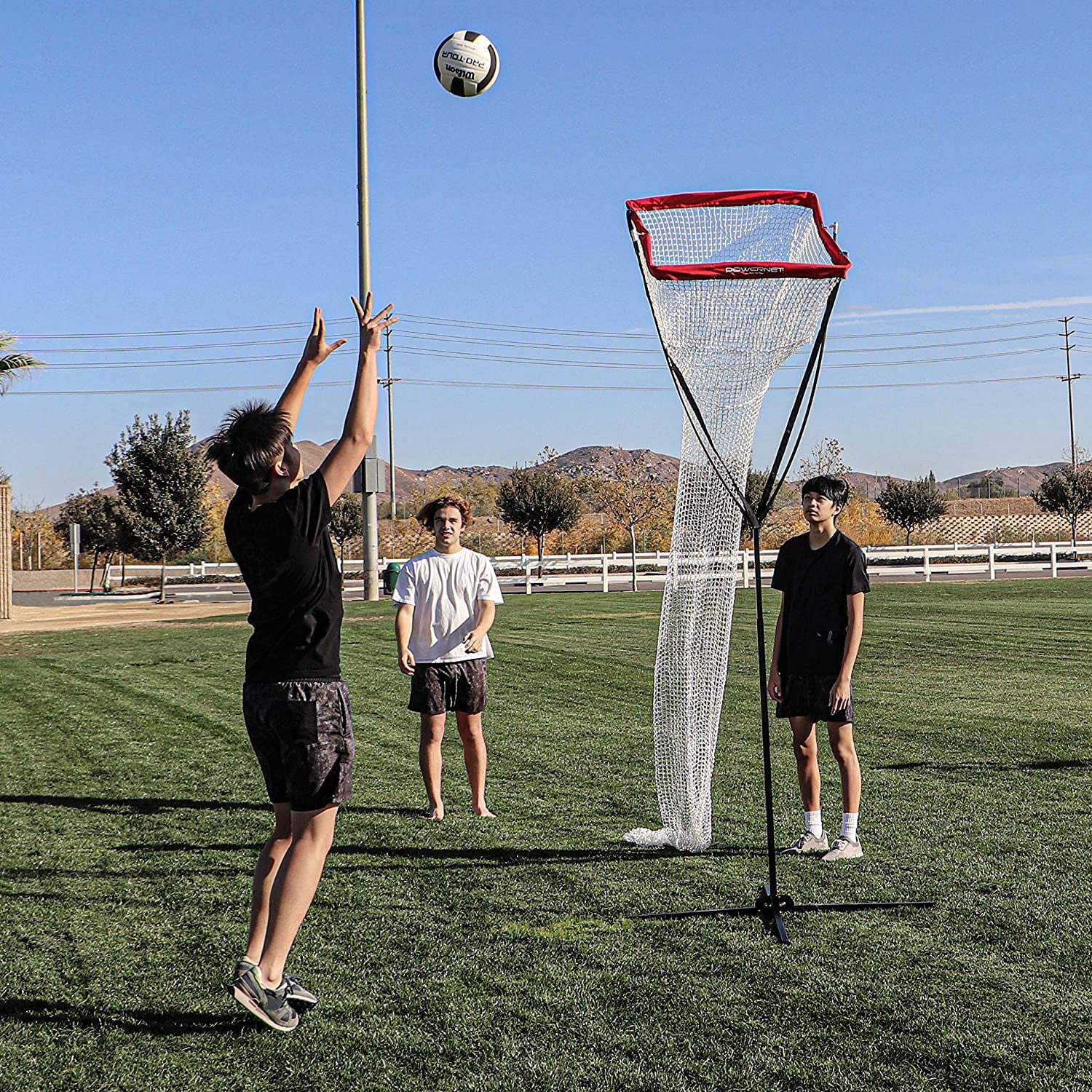 PowerNet Volleyball Setter Trainer Net | Adjustable Height | Great for Indoor and Outdoor Practice | Built-In Drawstring Ball Release | Sturdy Rubber Footed Base