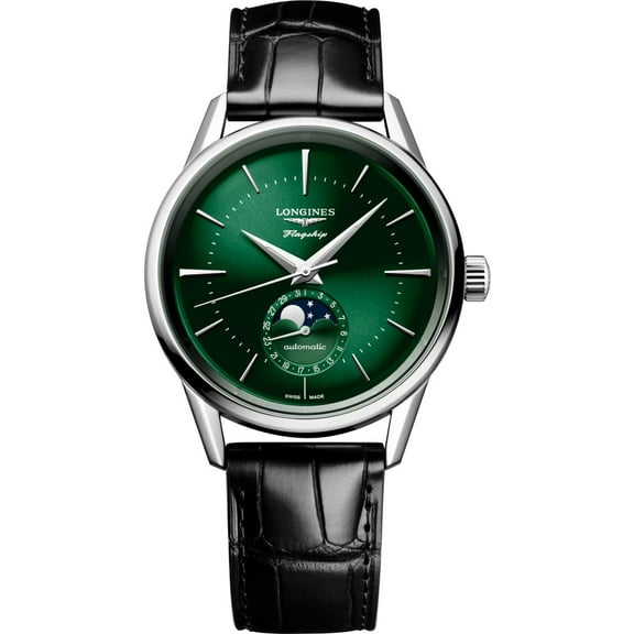 Longines Flagship Heritage Moonphase Automatic Green Dial Leather Strap Men's Watch L4.815.4.02.2