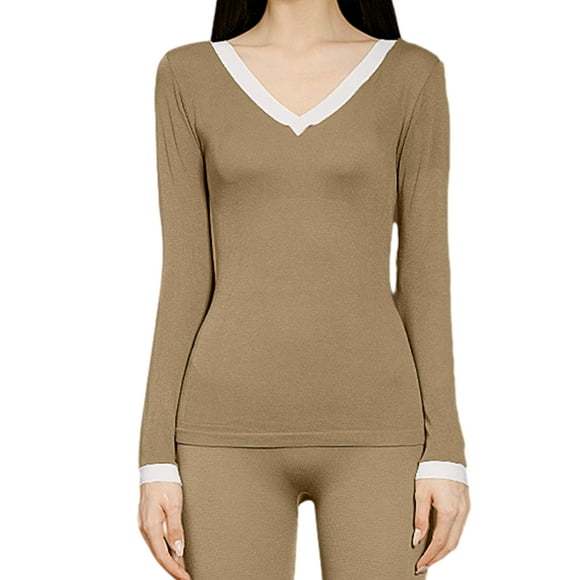 1 conjunto de traje térmico con cuello en V, ropa de otoño sin costuras modal y pantalones para mujer
