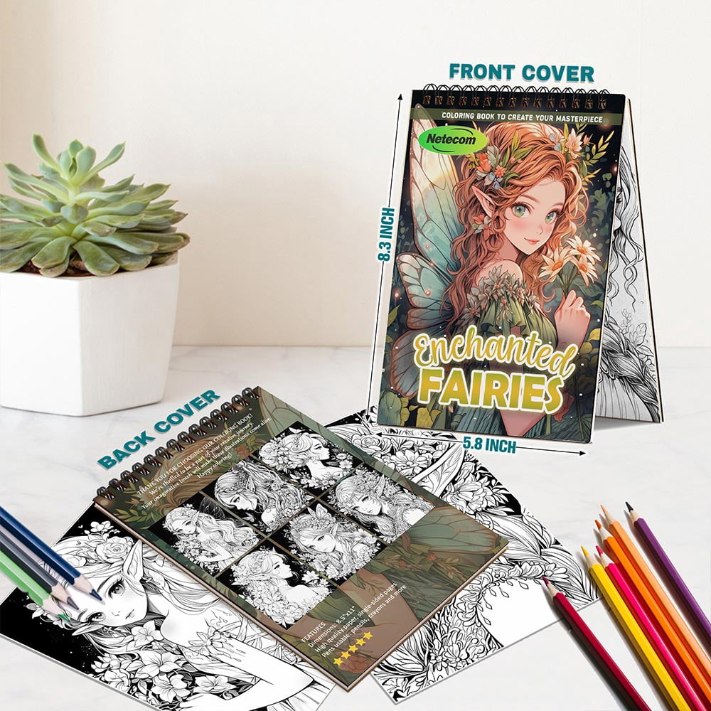 Enchanted Fairies Coloring Book Spiral Bound For Adults, A5 Wooden Cover, 30 Dreamy Coloring Pages of Fairies and Magical Landscapes for Stress Relief and Relaxation