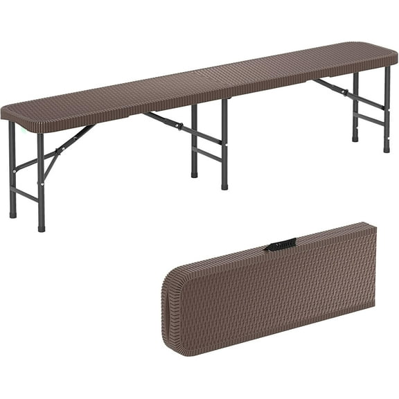 VibrantEcho 6 Feet Plastic Folding Bench, Portable Foldable Bench Seat with 1320 LBS Capacity, Rattan-Like HDPE Thickened Long Seat with Handle & Lock,Coffee