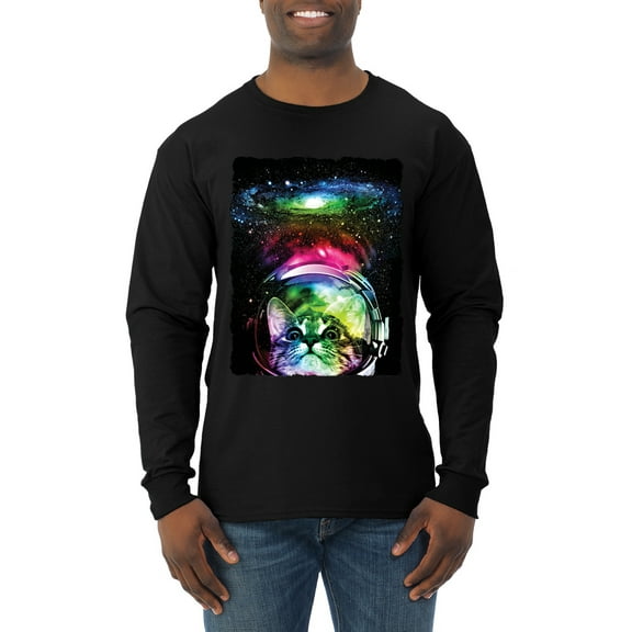 Trippy Neon Space Astronaut Lunar Cat | Mens Cat Lover Long Sleeve T-Shirt, Black, Small
