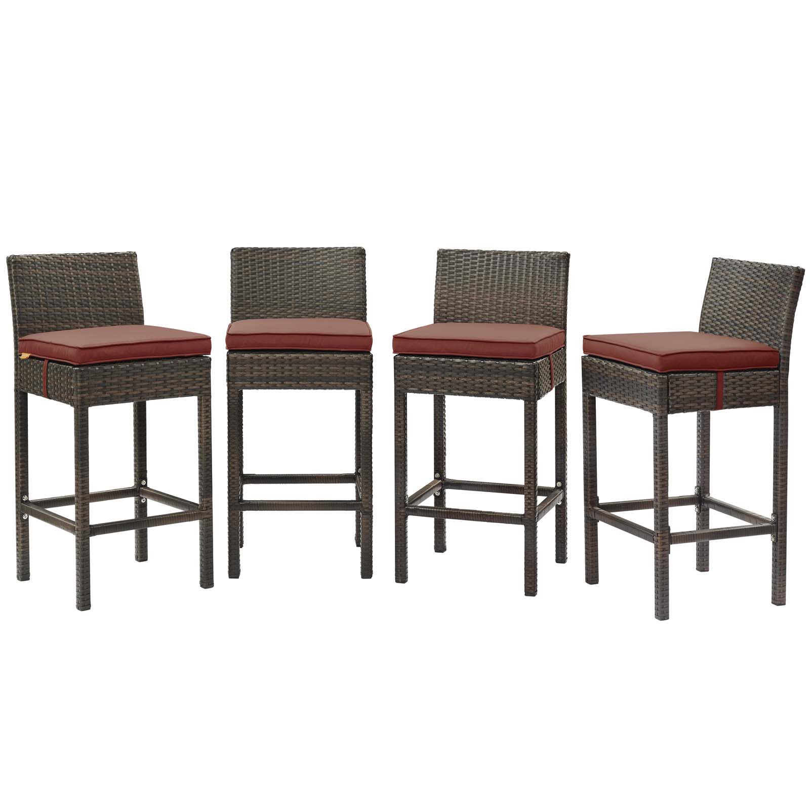 Contemporary Modern Urban Designer Outdoor Patio Balcony Garden Furniture Bar Side Stool Chair, Set of Four, Fabric Rattan Wicker, Brown Red - image 1 of 5