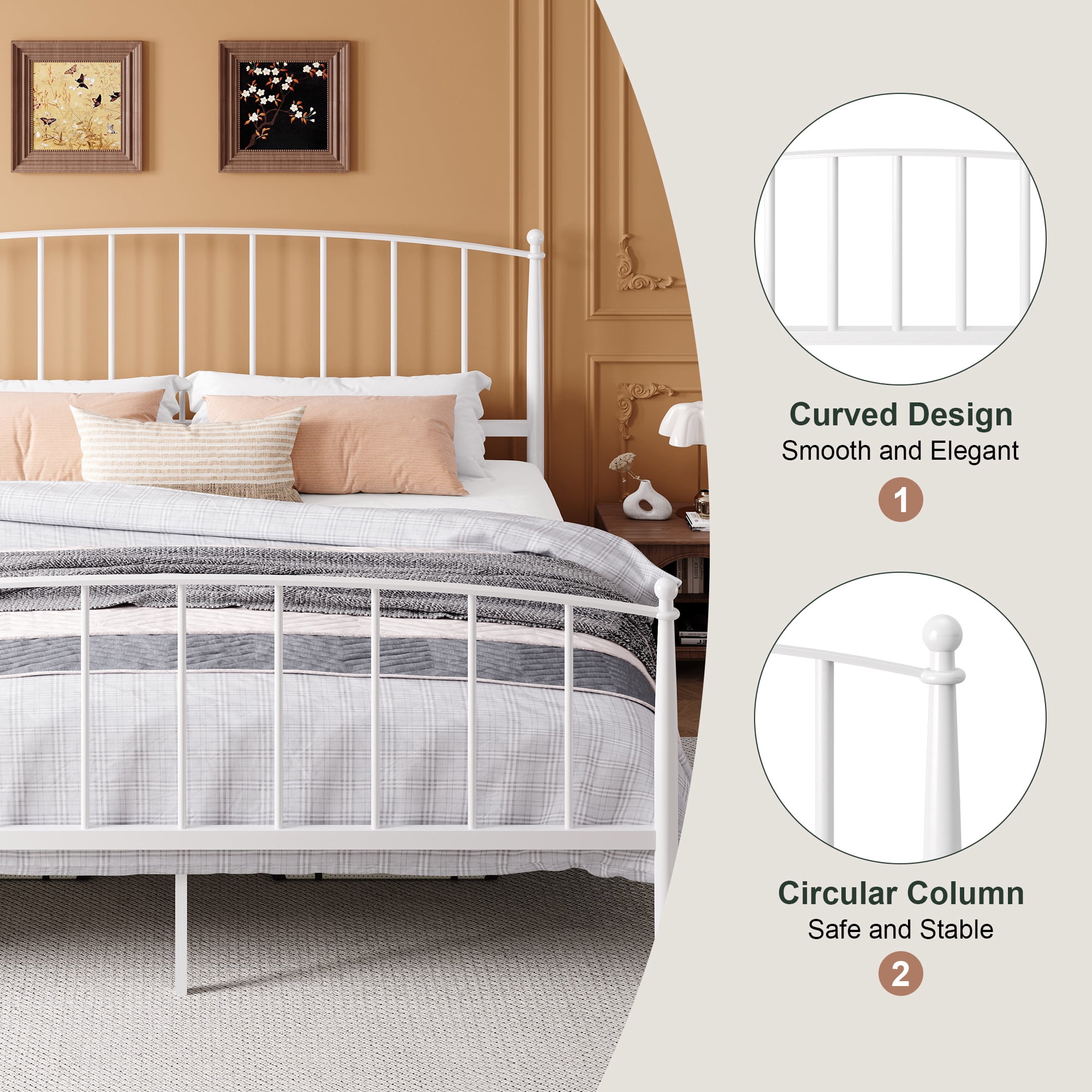 Amolife King Bed Frame, Metal Platform Bed with Curved Headboard and Footboard, Ample Under-Bed Storage Space, No Box Spring Needed, White