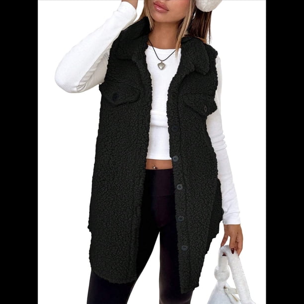 Chaleco Sin Mangas para Mujer, Chaqueta de Invierno Cálida con Botones Negro XL