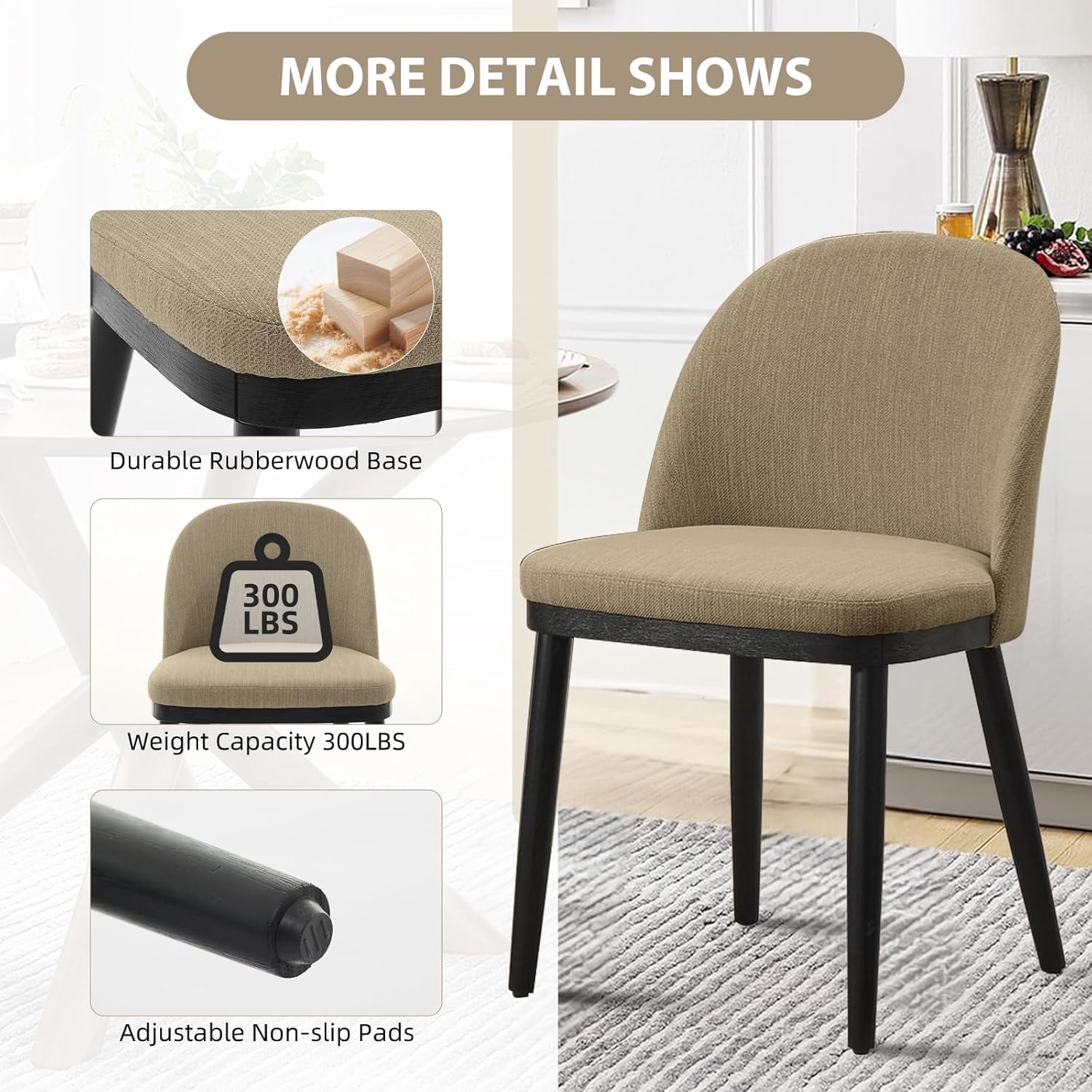 GARVEE Upholstered Dining Chairs Set of 6,Mid-Century Modern Dining Chair with Rubberwood Legs,Camel