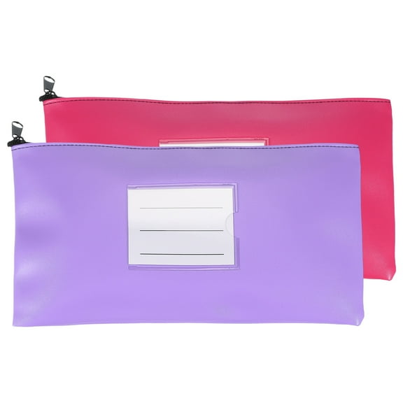 11x6 Inch Money Bags with Zipper, 2Pcs PU Leather Cash Deposit Bank Pouch Envelopes Check Wallet for Coin Cosmetics Invioce Bill, Purple/Rose Red
